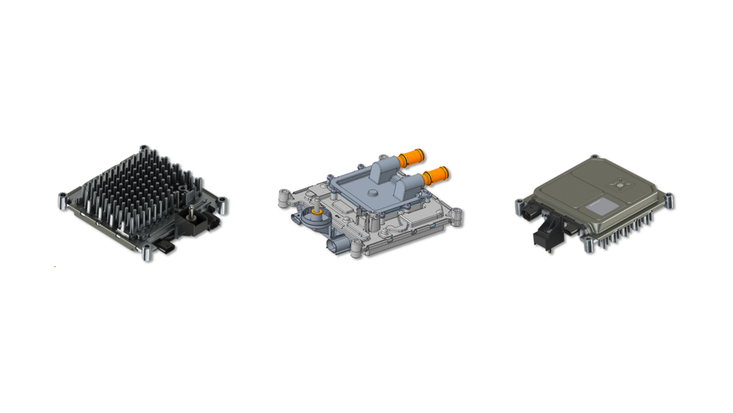 Three electronic components are shown. On the left is a black component with multiple protruding pins. In the center is a complex, gray component with orange connectors. On the right is a green component with a flat surface and a few connectors.